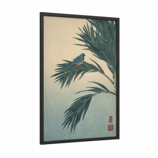 Blue Palm Bird framed palm tree print — black wood frame — blue and cream palette