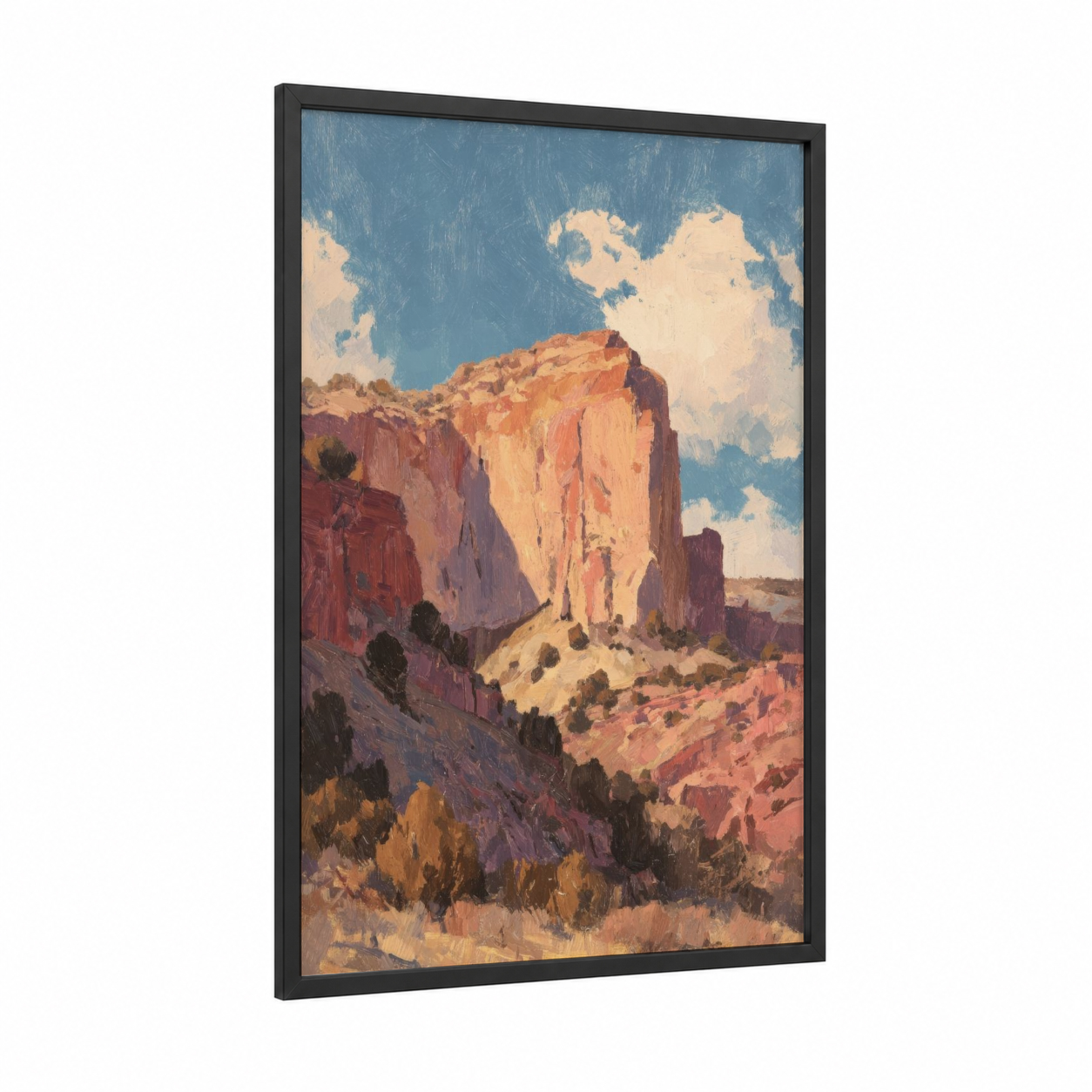 Desert Cliff Sentinel framed art print — black wood frame — peach and blue palette