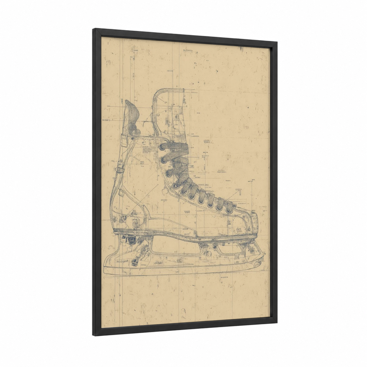 Vintage Hockey Boot framed ice hockey print — black wood frame — cream and dove gray palette