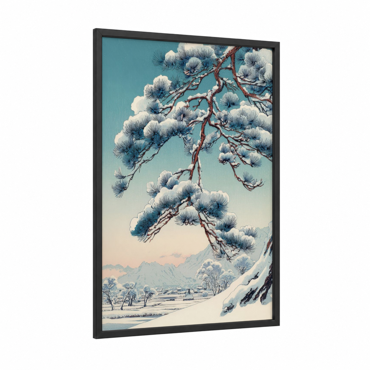 Snowy Pine Landscape framed pine forest print — black wood frame — blue and white palette