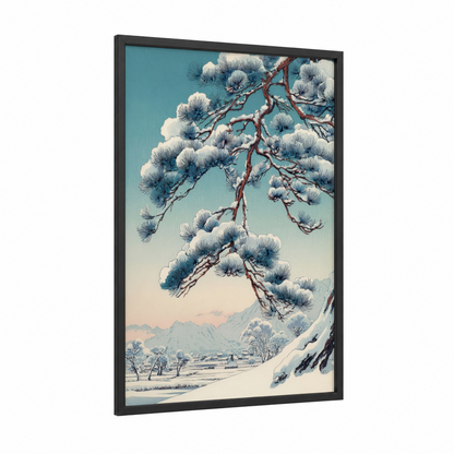 Snowy Pine Landscape framed pine forest print — black wood frame — blue and white palette