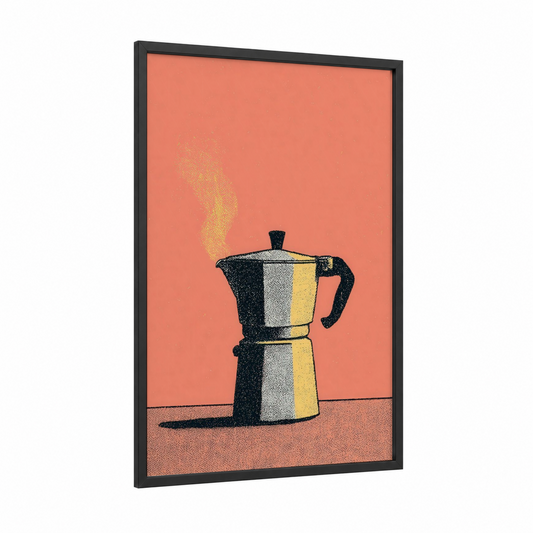 Steaming Moka Pot framed kitchen utensils print — black wood frame — peach and gold palette