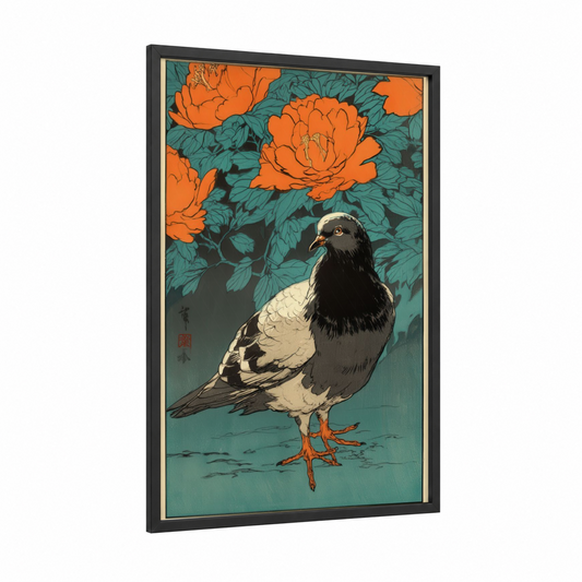 Ornamental Pigeon framed art print — black wood frame — orange and teal palette