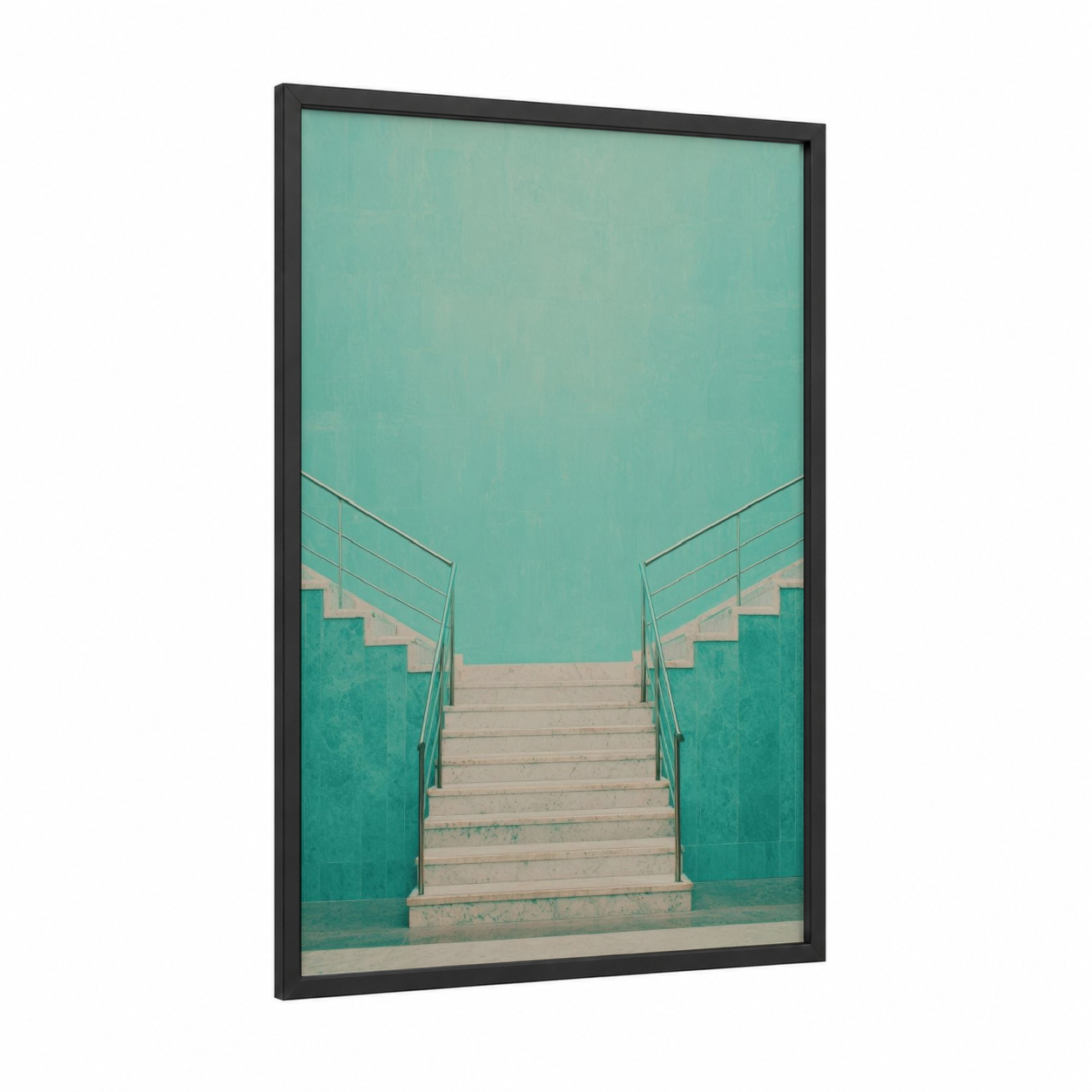Turquoise Staircase framed art print — black wood frame — turquoise and beige palette
