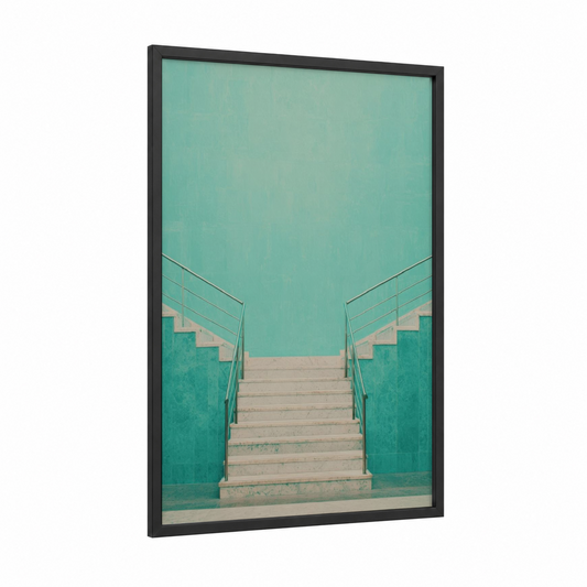 Turquoise Staircase framed art print — black wood frame — turquoise and beige palette
