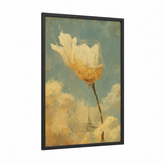 Ethereal Wine Moment framed white wine print — black wood frame — champagne gold and sage green palette