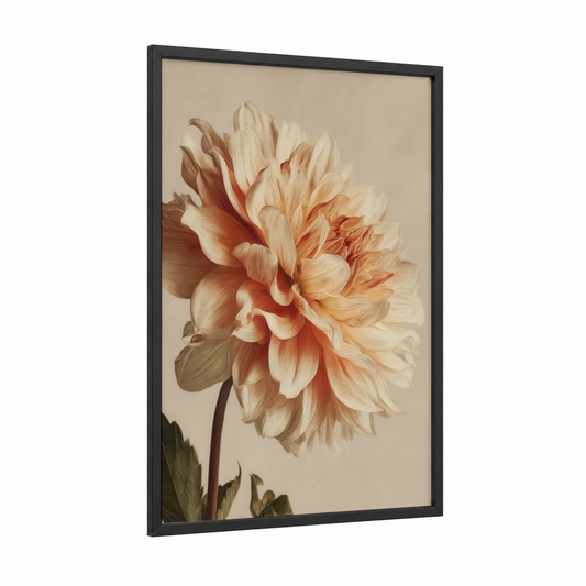 Cream Dahlia framed art print — black wood frame — cream and peach palette