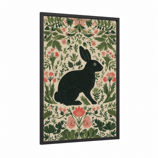 Garden Rabbit framed easter print — black wood frame — dark green and salmon pink palette