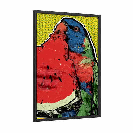 Rainbow Lorikeet Pop framed art print — black wood frame — yellow and blue palette