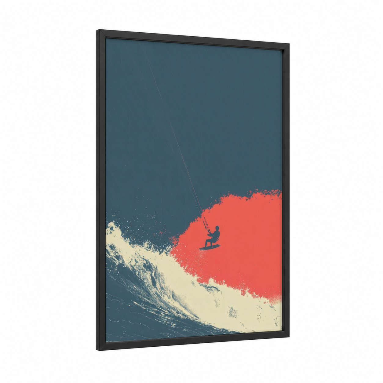 Coral Wave Rider framed kite surfing print — black wood frame — teal palette