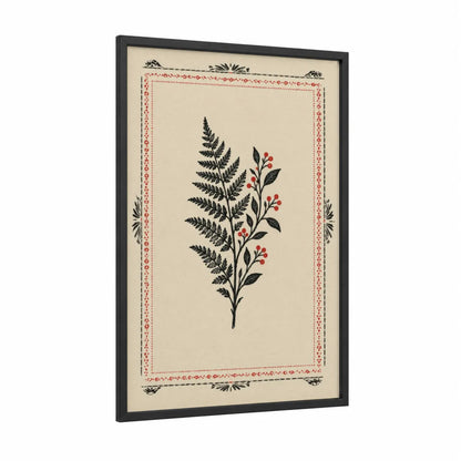 Botanical Fern and Berry Botanical Wall Art framed leaf print — black wood frame — black and white and red palette