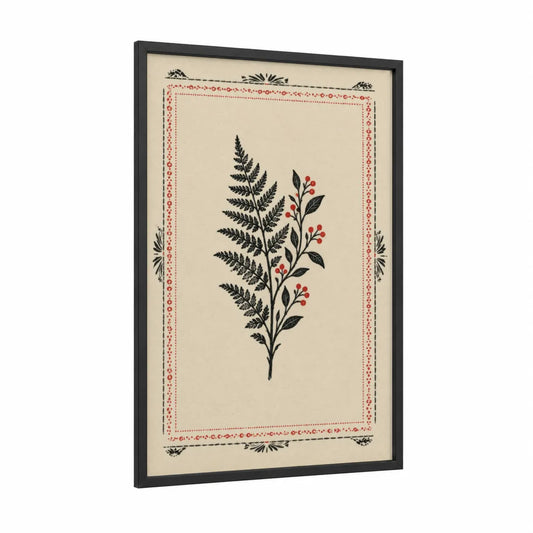 Botanical Fern and Berry Botanical Wall Art framed leaf print — black wood frame — black and white and red palette