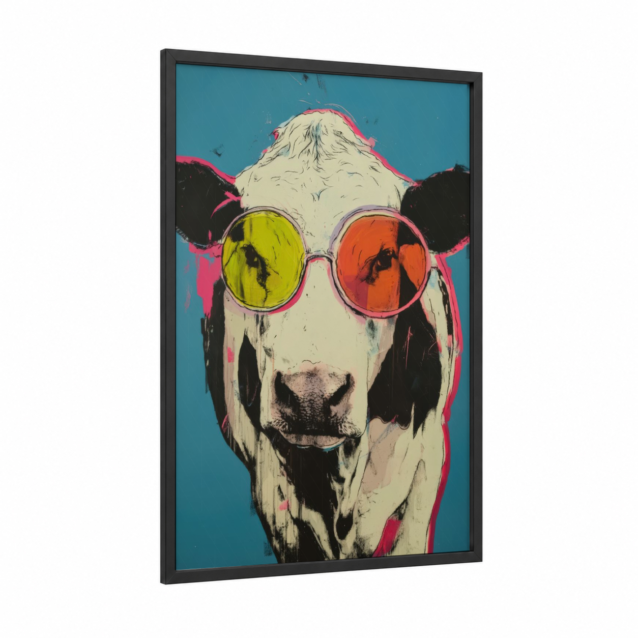 Cool Hereford framed hereford cow print — black wood frame — blue and magenta palette