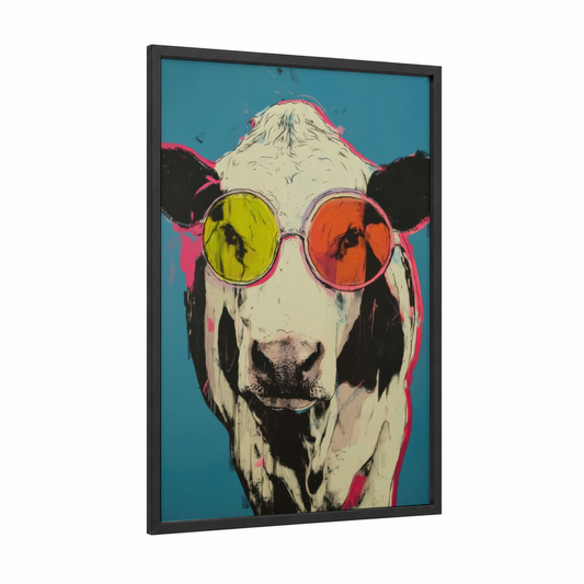Cool Hereford framed hereford cow print — black wood frame — blue and magenta palette