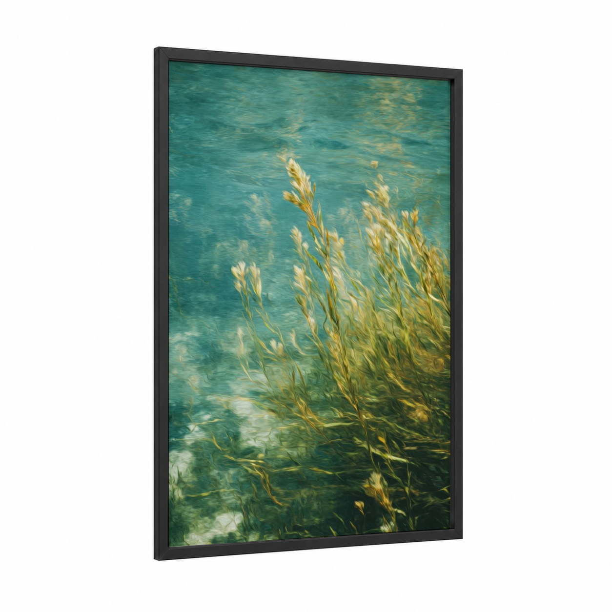 Underwater Grass framed art print — black wood frame — teal and gold palette