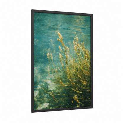 Underwater Grass framed art print — black wood frame — teal and gold palette