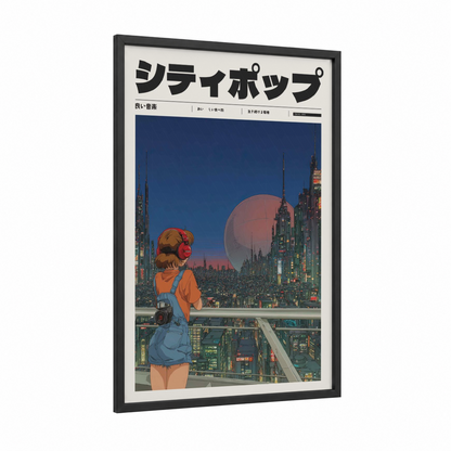 Cyberpunk City Girl framed anime and manga print — black wood frame — dark blue and peach palette