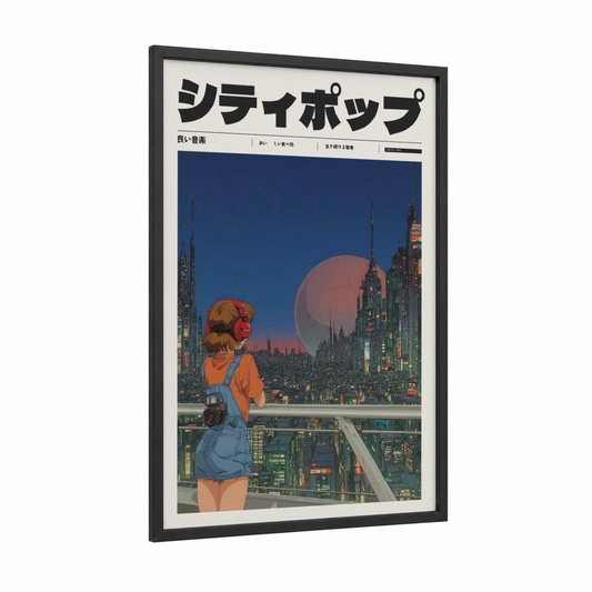 Cyberpunk City Girl framed anime and manga print — black wood frame — dark blue and peach palette