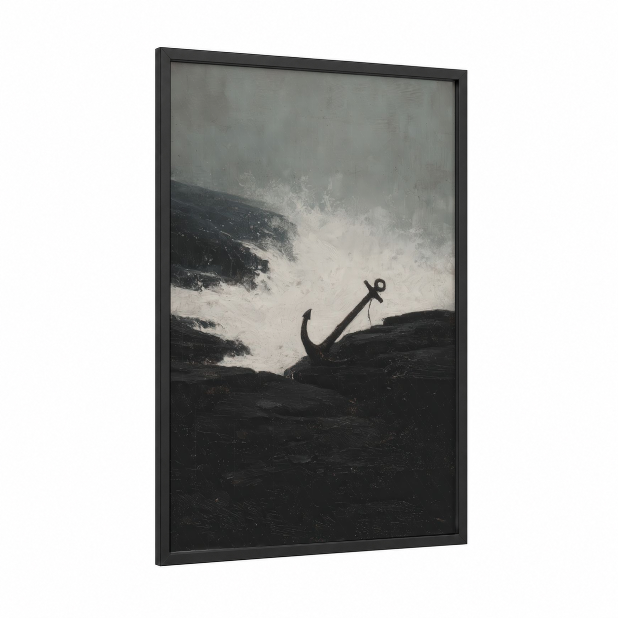 Stormy Anchor framed art print — black wood frame — black and white palette