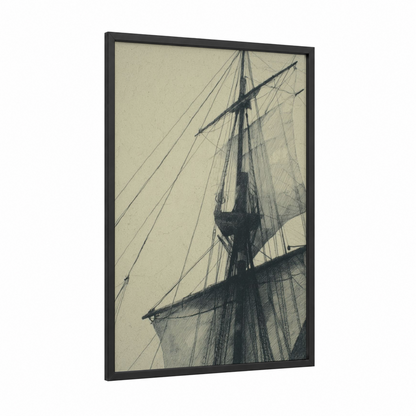 Classic Sailing Vessel framed art print — black wood frame — cream and black and white palette