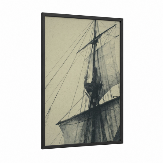 Classic Sailing Vessel framed art print — black wood frame — cream and black and white palette