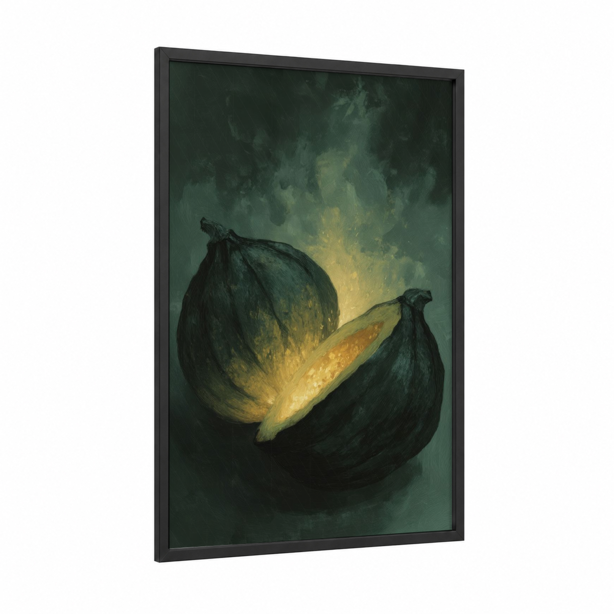 Golden Bananas framed fruit print — black wood frame — dark green and yellow gold palette
