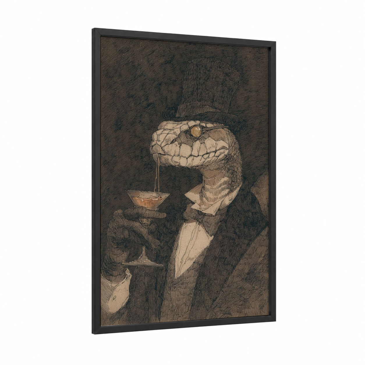 Gentleman Viper framed art print — black wood frame — black and white and espresso palette