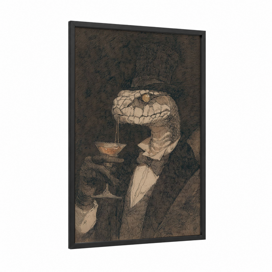 Gentleman Viper framed art print — black wood frame — black and white and espresso palette