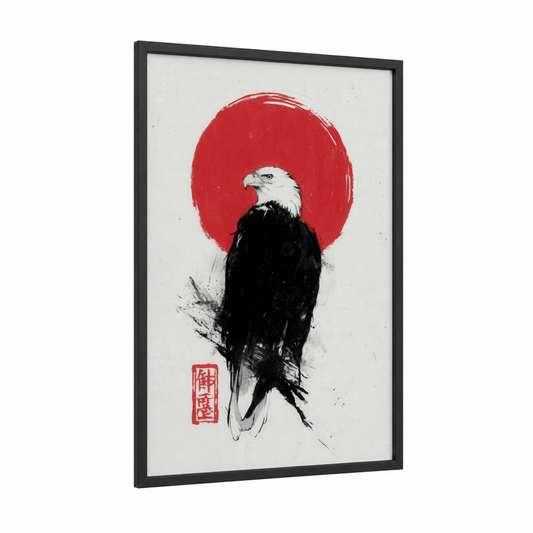 Crimson Eagle framed art print — black wood frame — red and black and white palette