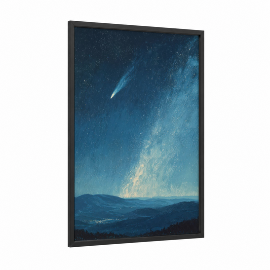 Celestial Comet framed astroids and comets print — black wood frame — dark blue and turquoise palette