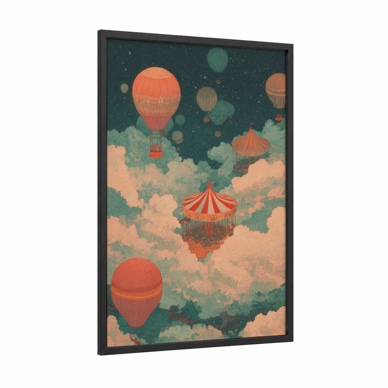 Whimsical Carnival Sky framed art print — black wood frame — teal and peach palette