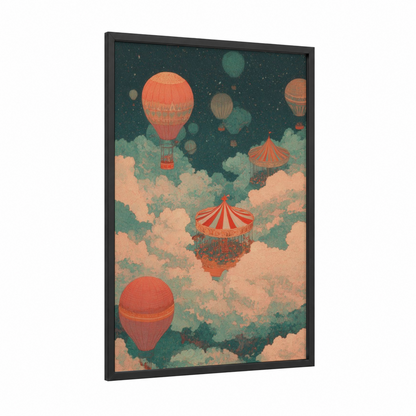 Whimsical Carnival Sky framed art print — black wood frame — teal and peach palette