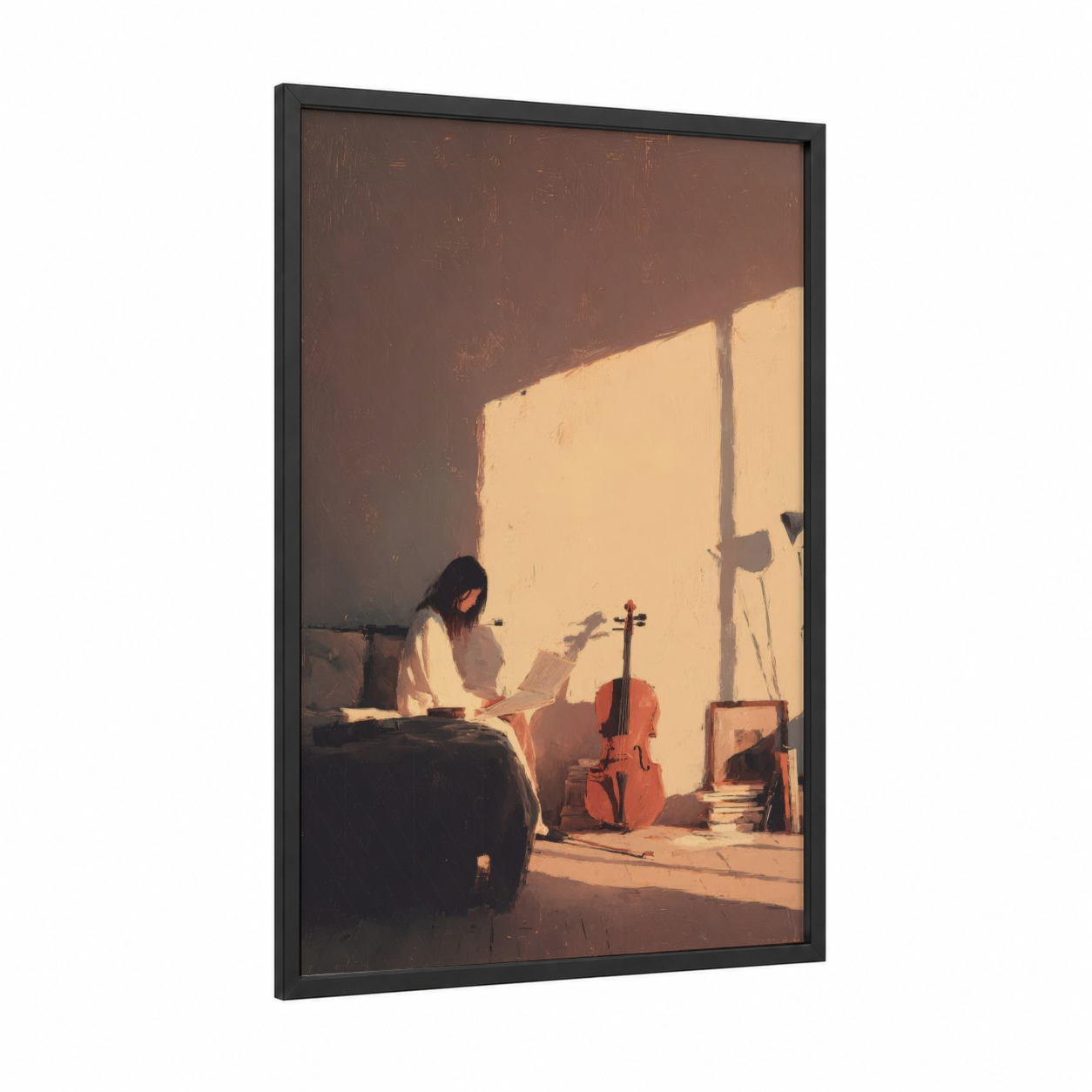 Sunlit Musician framed art print — black wood frame — gold and brown palette