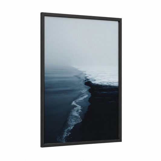 Misty Glacier Shore framed art print — black wood frame — gray and white and dark blue palette