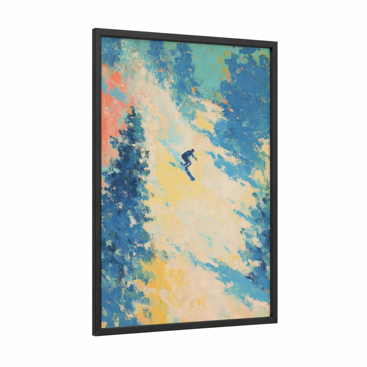 Alpine Descent framed snowboarding print — black wood frame — blue and yellow gold palette