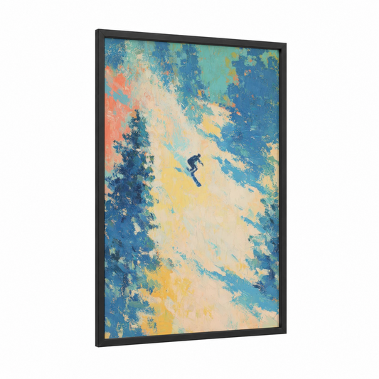 Alpine Descent framed snowboarding print — black wood frame — blue and yellow gold palette