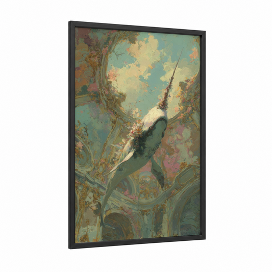 Narwhal Ascent framed art print — black wood frame — teal and gold palette