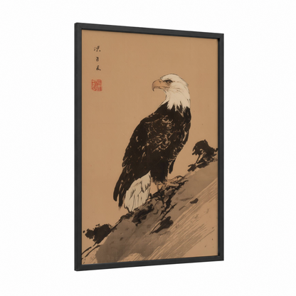 Perched Eagle framed art print — black wood frame — black and white and beige palette