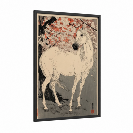 Blossom Arabian framed arabian horse print — black wood frame — cream and peach palette