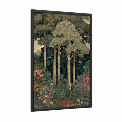 Verdant Forest Sanctuary framed forest trees print — black wood frame — dark green and salmon pink palette