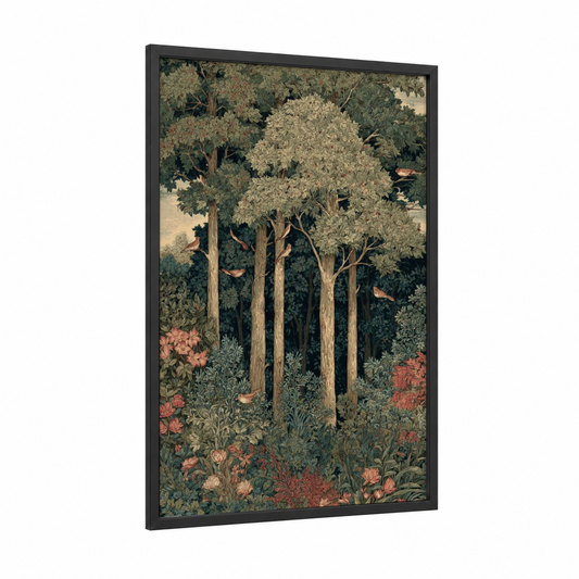 Verdant Forest Sanctuary framed forest trees print — black wood frame — dark green and salmon pink palette