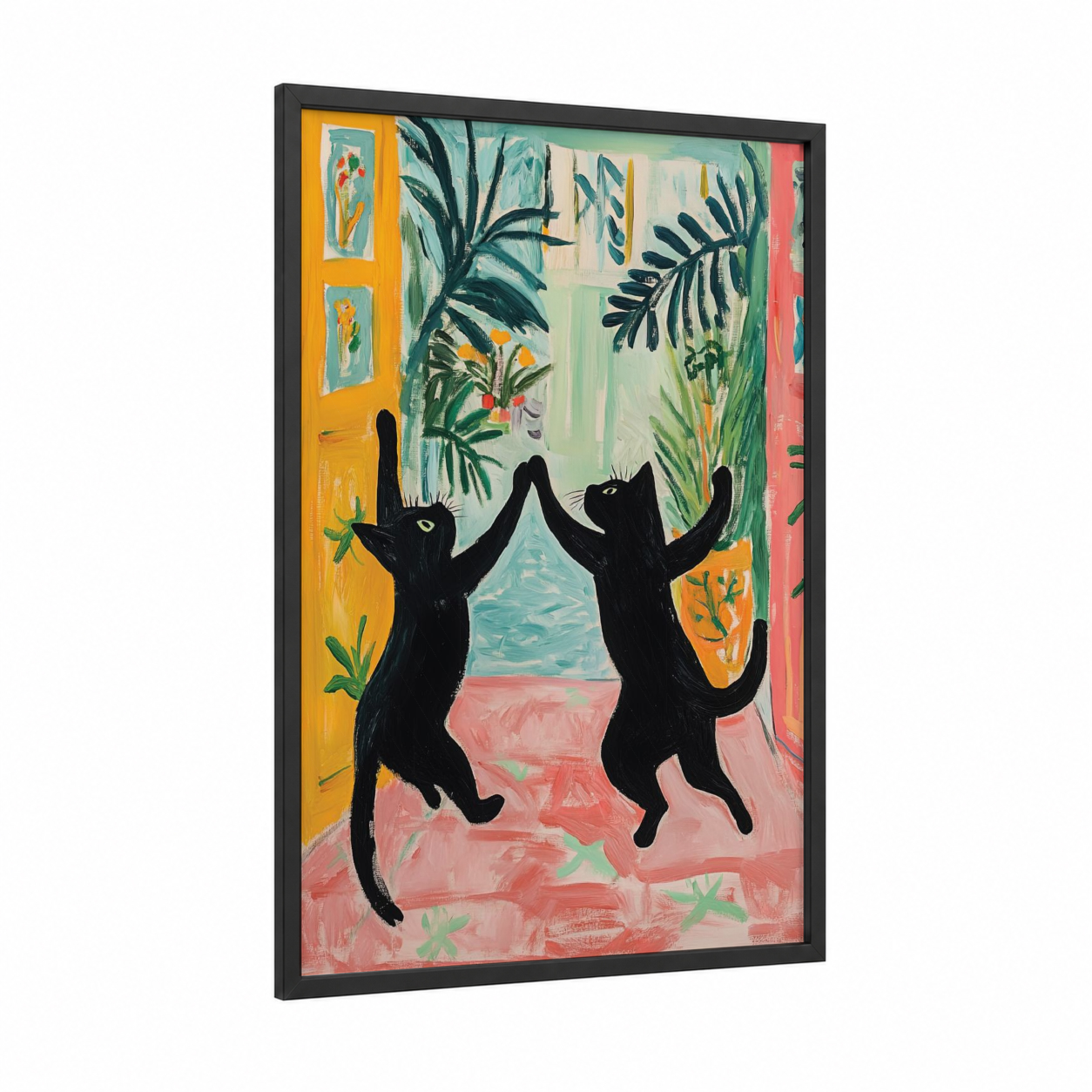 Dancing Cats Interior framed art print — black wood frame — yellow gold and pink palette