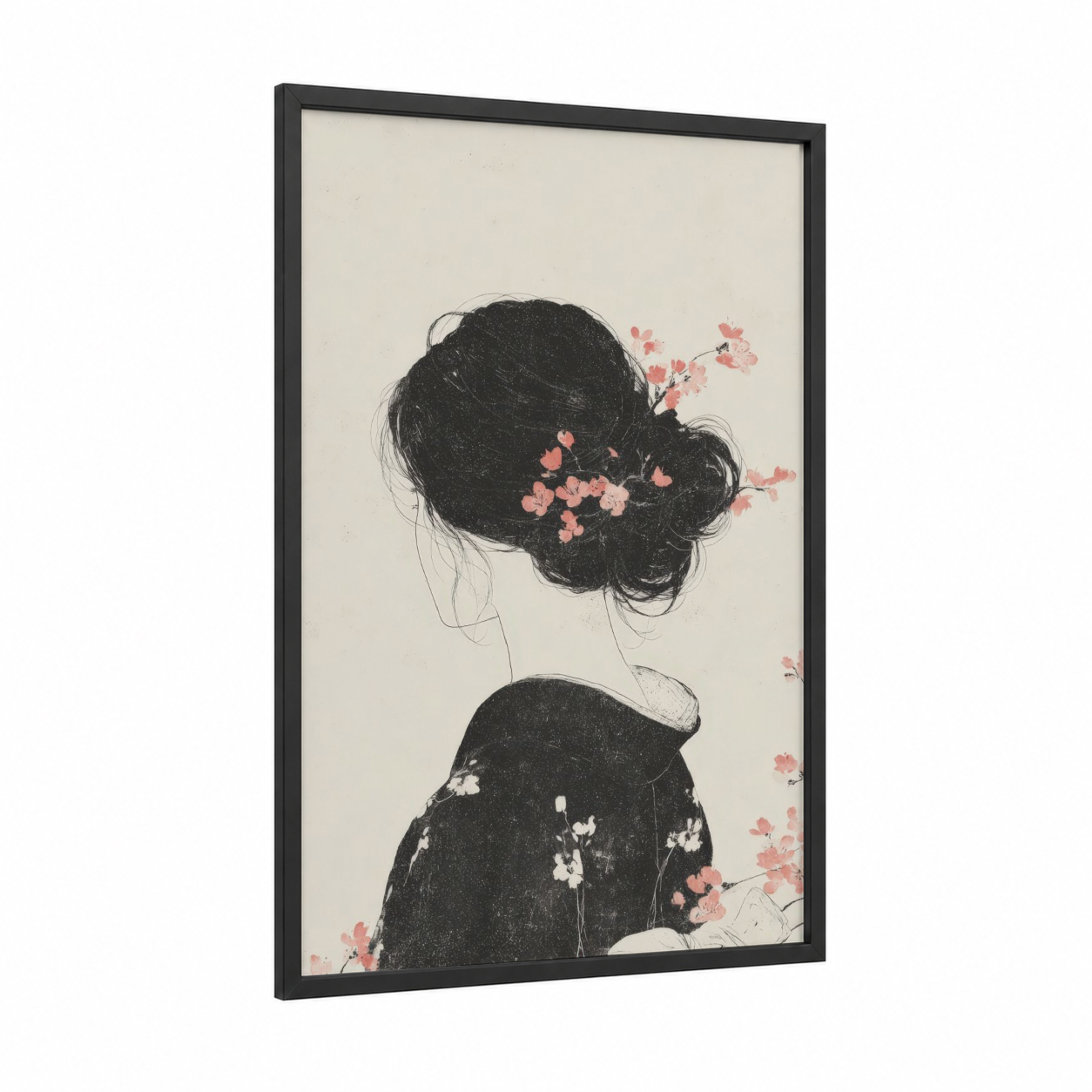 Floral Hair Portrait framed art print — black wood frame — black and white and salmon pink palette