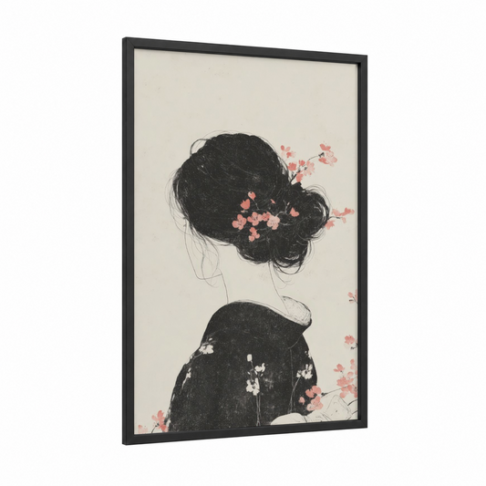 Floral Hair Portrait framed art print — black wood frame — black and white and salmon pink palette