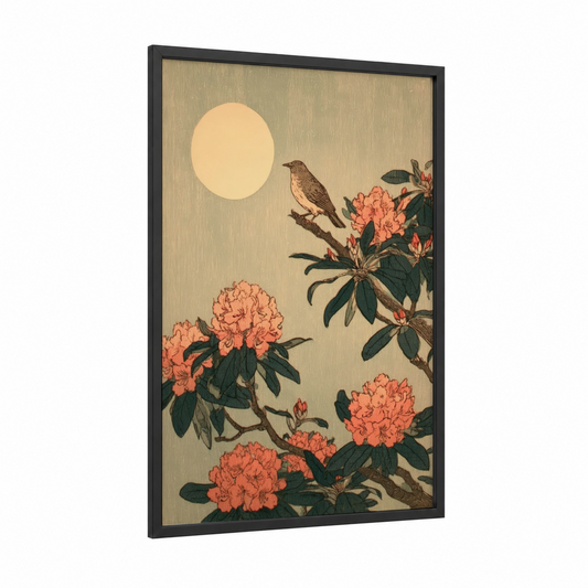Moonlit Rhododendron framed art print — black wood frame — peach and dark green palette
