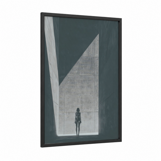 Minimalist Fashion Explorer framed women's fashion print — black wood frame — gray and white palette