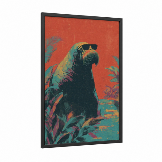 Tropical Walrus framed art print — black wood frame — red and teal palette