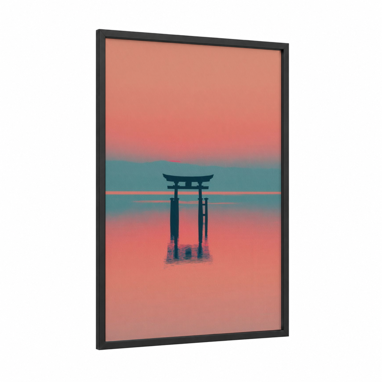 Crimson Torii Gate framed art print — black wood frame — salmon pink and teal palette
