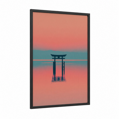 Crimson Torii Gate framed art print — black wood frame — salmon pink and teal palette