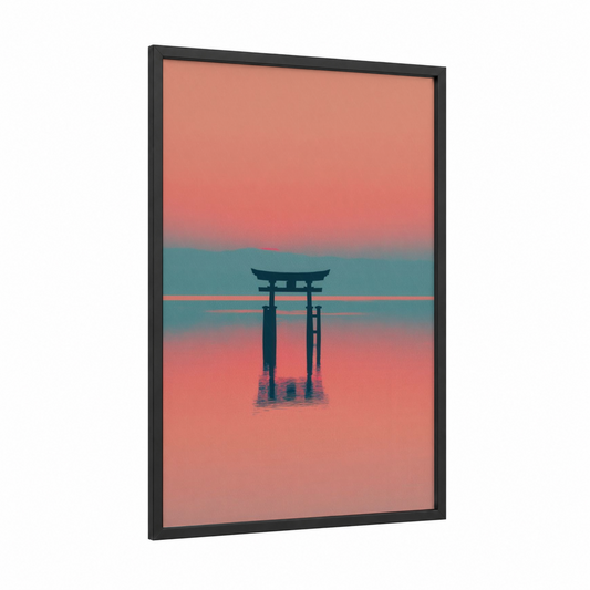 Crimson Torii Gate framed art print — black wood frame — salmon pink and teal palette